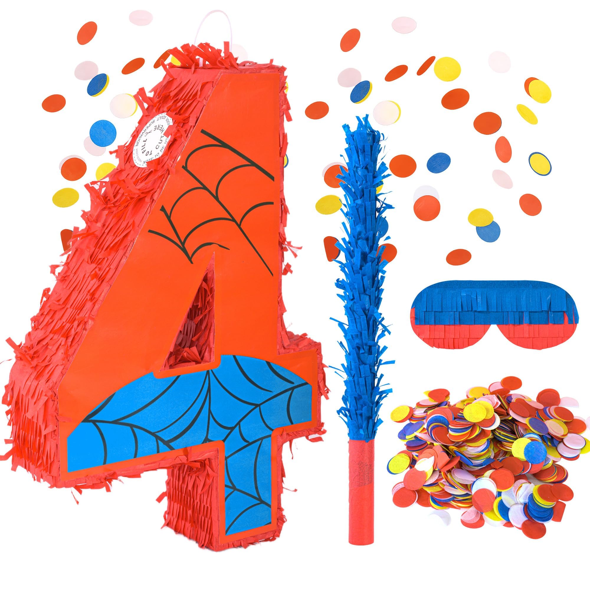 Photo 1 of Superhero Birthday Decorations, Number 4 Spider Pinata 16 Inch with Piñata Stick, Blindfold, Confetti for Boys and Girls Kids Birthday Party Supplies (4th)