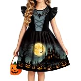 VVNTY Halloween Dress for Girls Witch Print Ruffle Sleeve A-Line 5-14 Years | 95% polyester and 5% spandex. Stretchy pull-on design with halloween festive prints for halloween party and everyday play