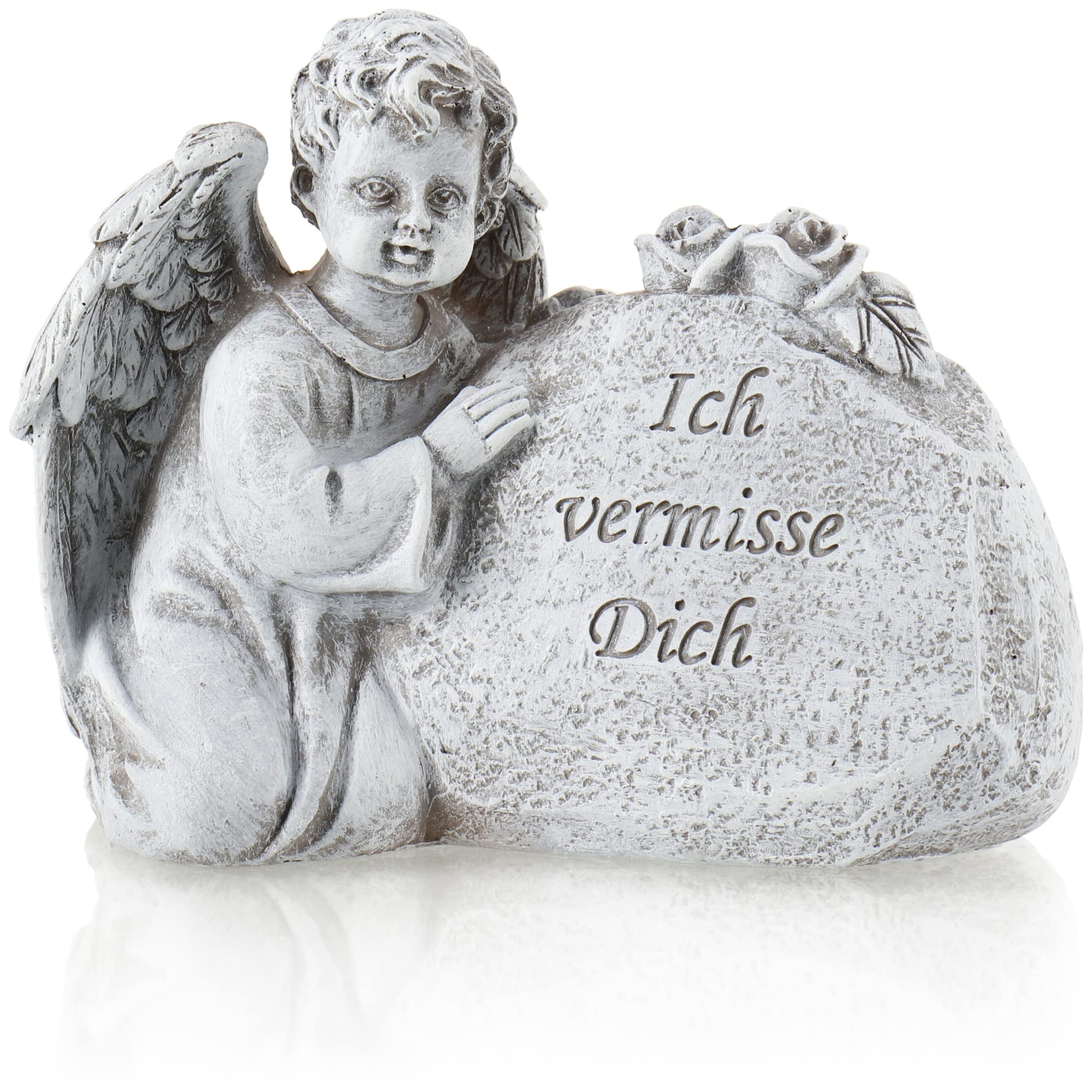 com-four® grave decoration angel, memorial stone with roses and inscription, weatherproof grave decoration, mourning stone with commemorative saying (1 piece - angelic support)