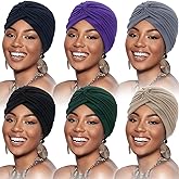 SATINIOR 6 Pieces Stretchy Beanie Turbans for Women Soft Pre Tied Knot Chemo Turban Head Wraps for Women Sleep Hats, 6 Colors