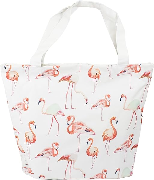 Flamingo Patterned White Beach Bag With Handle