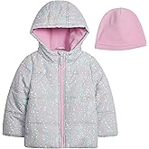 LONDON FOG Girls' Heavyweight Quilted Puffer Jacket with Fleece Beanie
