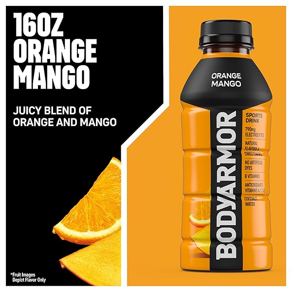 BODYARMOR SPORTS DRINK SPORTS BEVERAGE, ORANGE MANGO, NATURAL FLAVORS WITH VITAMINS, POTASSIUM-PACKED ELECTROLYTES, NO PRESERVATIVES, PERFECT FOR ATHLETES, 16 FL OZ