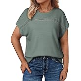 Eytino Plus Size Tops for Women Hollow Out Waffle Knit T-Shirts Crewneck Short Sleeve Casual Loose Basic Tee Blouses(1X-5X)