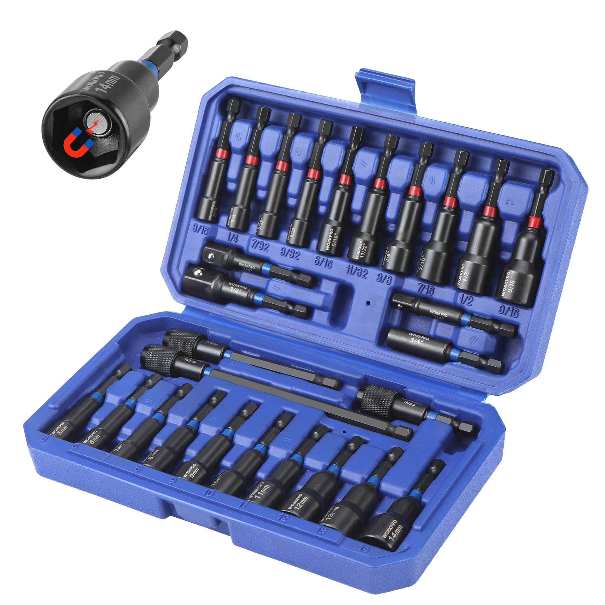 Photo 1 of WORKPRO 27 PCS Magnetic Nut Driver Set, Impact Drill Driver Bit 1/4" Hex Shank, SAE & Metric Cr-V Steel Power Nut Drivers with Quick-release Extensions, Impact Socket Adapters, Bit Holder and Toolbox