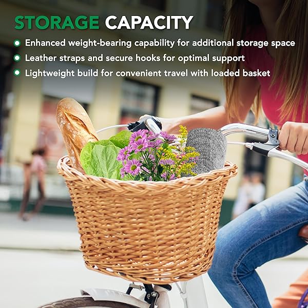 PROSOURCE WICKER BIKE BASKET FRONT CARGO FOR WOMEN AND MEN, FITS MOST BICYCLES, BEACH CRUISERS, STATIONARY EQUIPMENT, AND EBIKES, LIGHT BROWN
