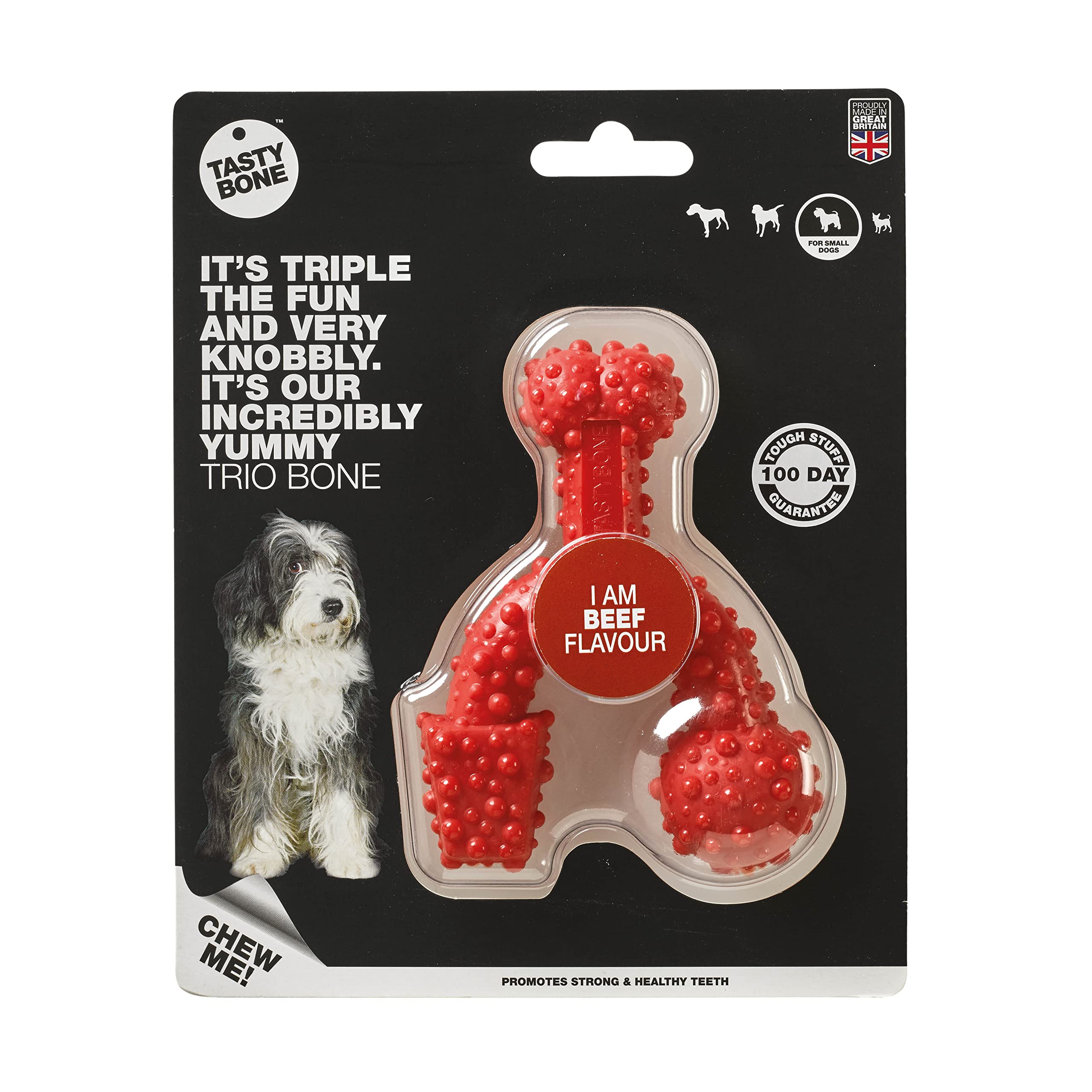 TastyBone TrioBone Nylon Dog Chew Toy for Small Dogs (Beef) - Indestructible for Aggressive Chewers, Everlasting Flavour, Strong Healthy Teeth, Made in the UK