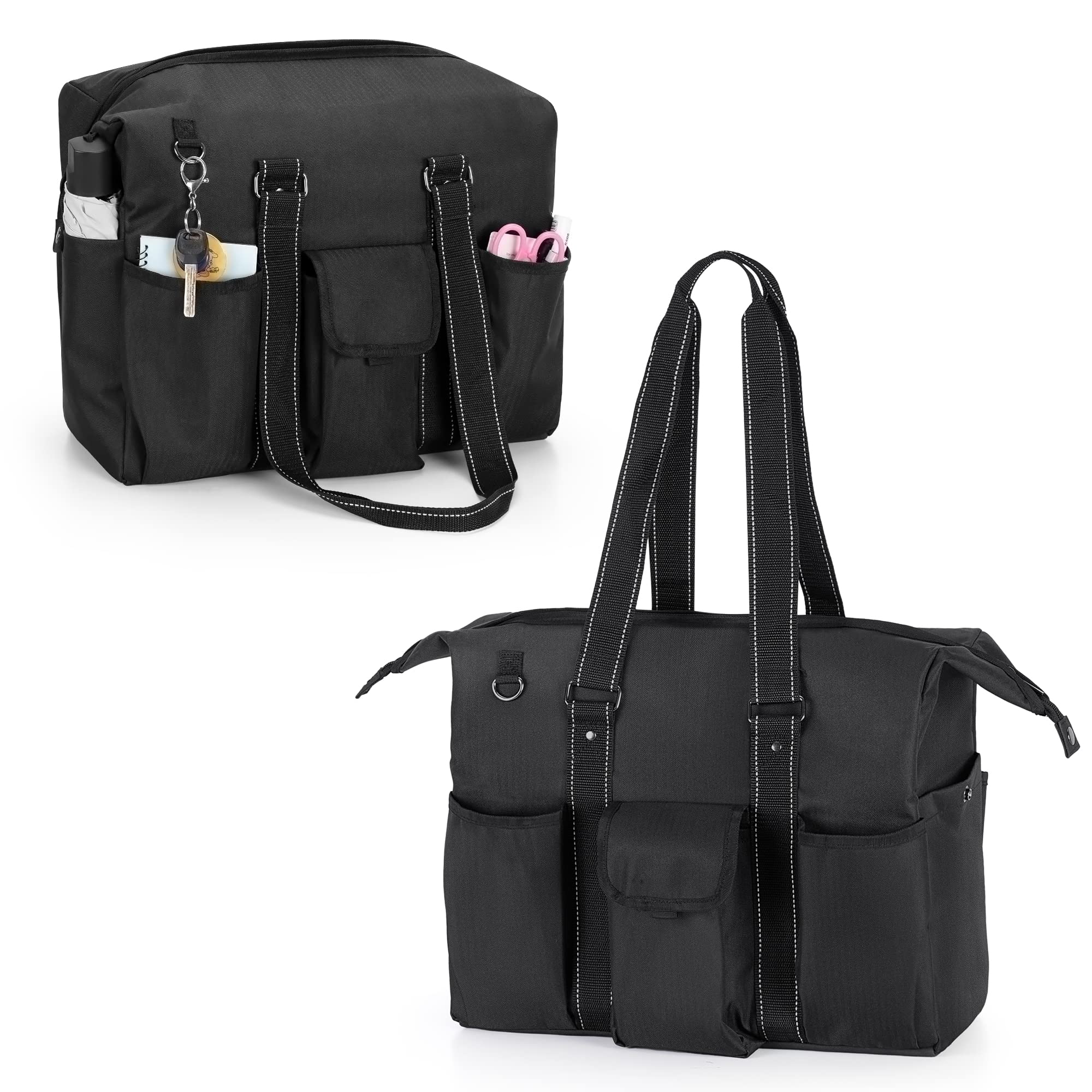 Damero Tote Bag for Women, Teacher Utility Tote Bag with Laptop and Multiple Pockets, Teacher Travel Bag School Bag with Zip-Top Closure and Side Fasten Snaps, Black