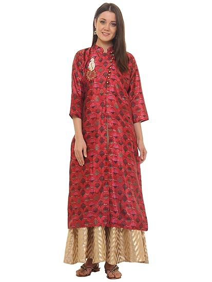 Buy Rosaniya A Fully Stitched Silk Long One Piece Dress For Women In Madhubani Print And Designer Fish Cut Attached Long Silk Inner Maroon Silk X Large At Amazon In