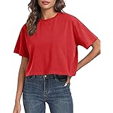 PRIMODA Women's Oversized Workout Cropped T Shirts Crew Neck Short Sleeve Casual Loose Summer Crop Tee Tops Cotton
