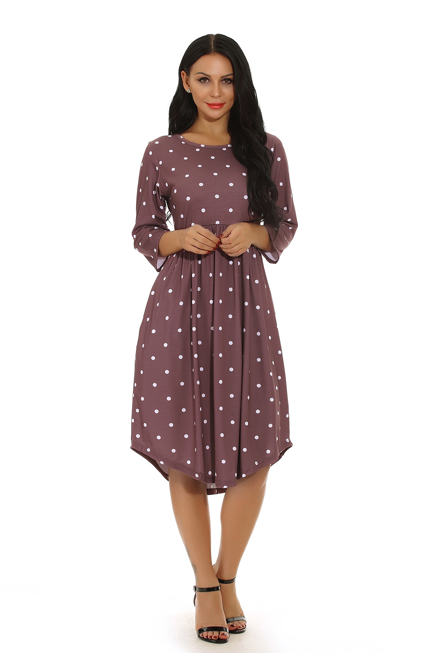 Fronage Fall 3 4 Sleeve Jersey Knit Dresses for Women Casual Hi Low Tunic Tops Cotton Dress (Coffee, S)