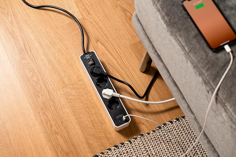 Ecolor Ciabatta multipresa con 4 prese con porta di ricarica USB (presa multipla con 2 USB C, interruttore e cavo da 1,5 m) bianco/nero