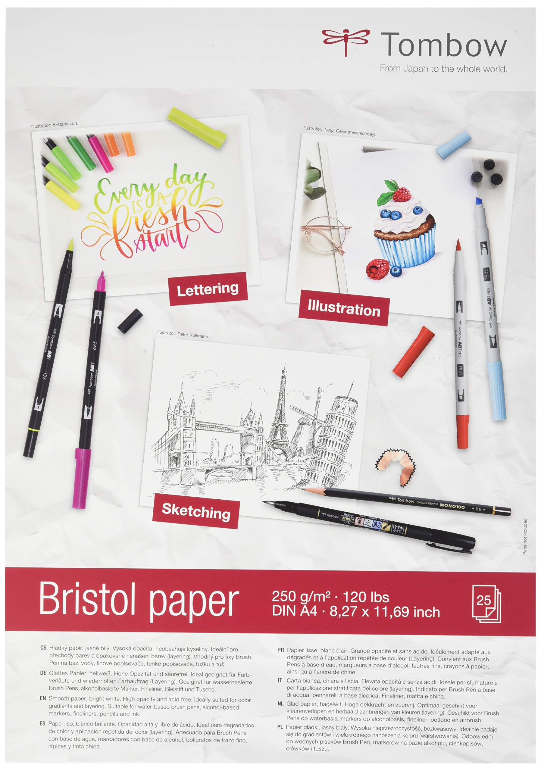Tombow Bristol Drawing Paper DIN A4 250 g/m², 25 Sheets, Artist Paper for Sketches and Illustrations, for Brush pens, Markers, Pencils and Crayons [PB-Mark]