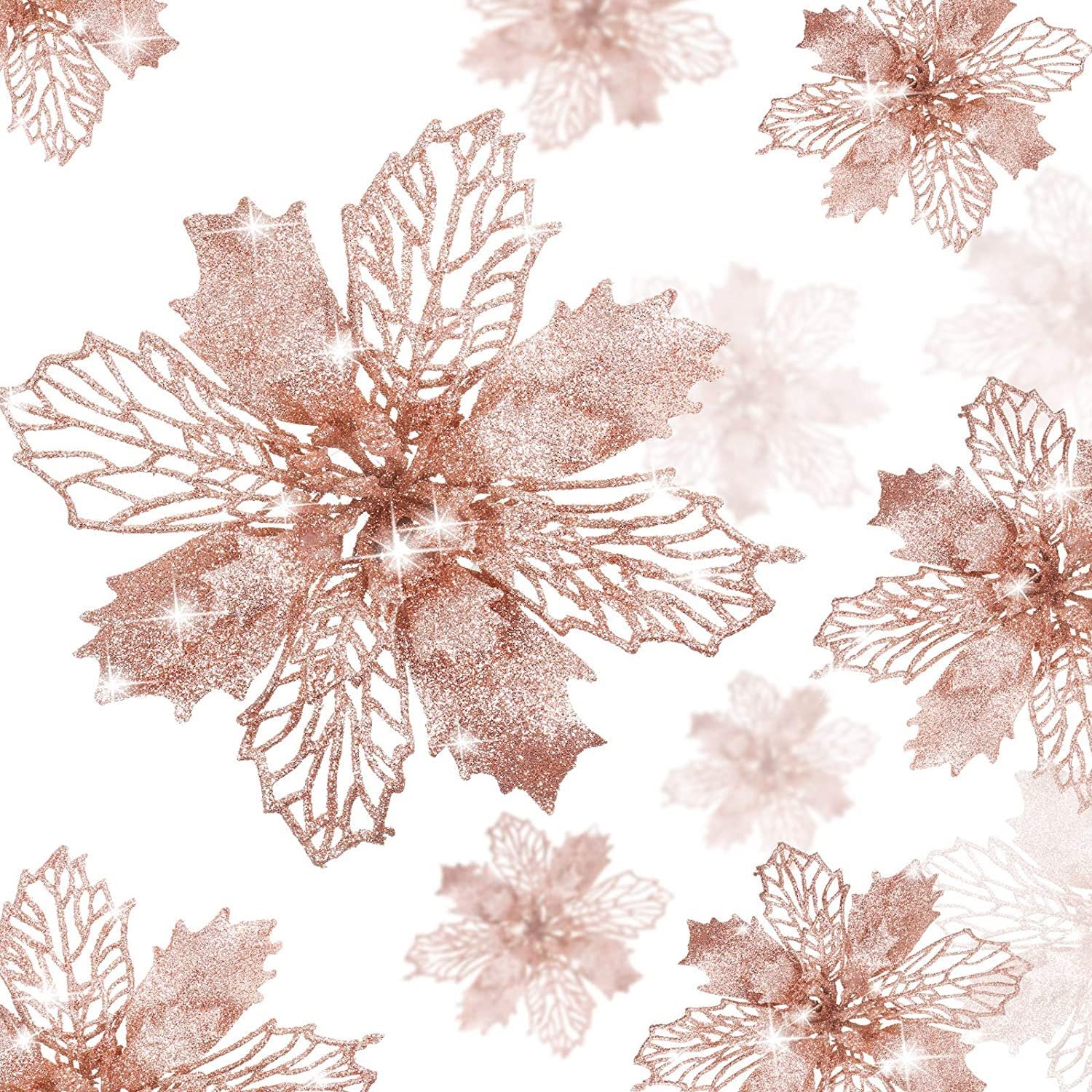 KAHEIGN 36Pcs Christmas Poinsettia Flowers, Rose Gold Glitter Artificial Poinsettia Flowers Christmas Tree Ornaments for Wedding Christmas Wreath Home Party Decor (3 Size)