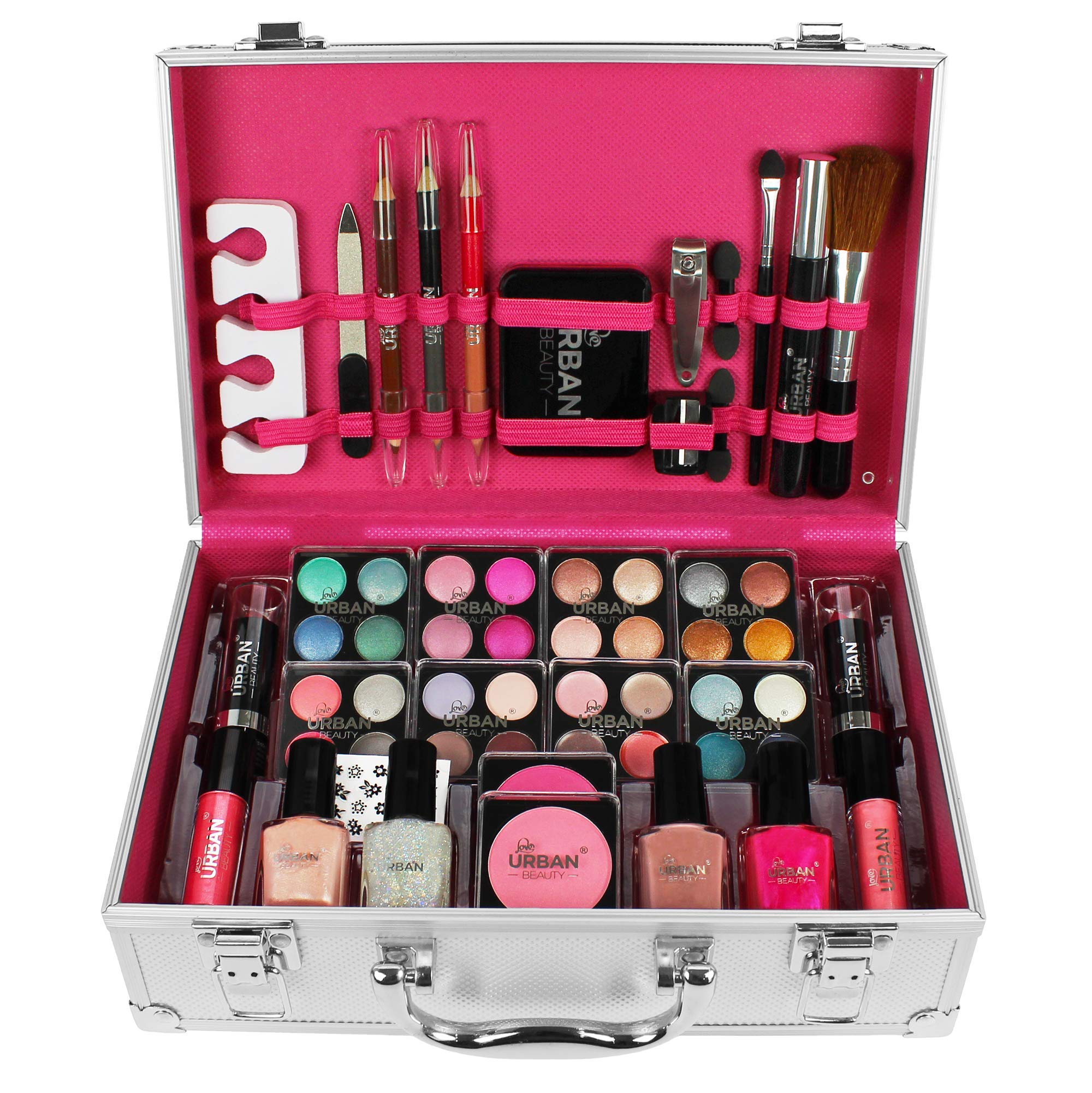 LOVE URBAN BEAUTY Dazzling Makeup Case – 60-Piece Makeup and Nail Set for Teenagers – Elegant Silver Box – Compact and Lightweight Design – Travel-Friendly Women’s Makeup Set