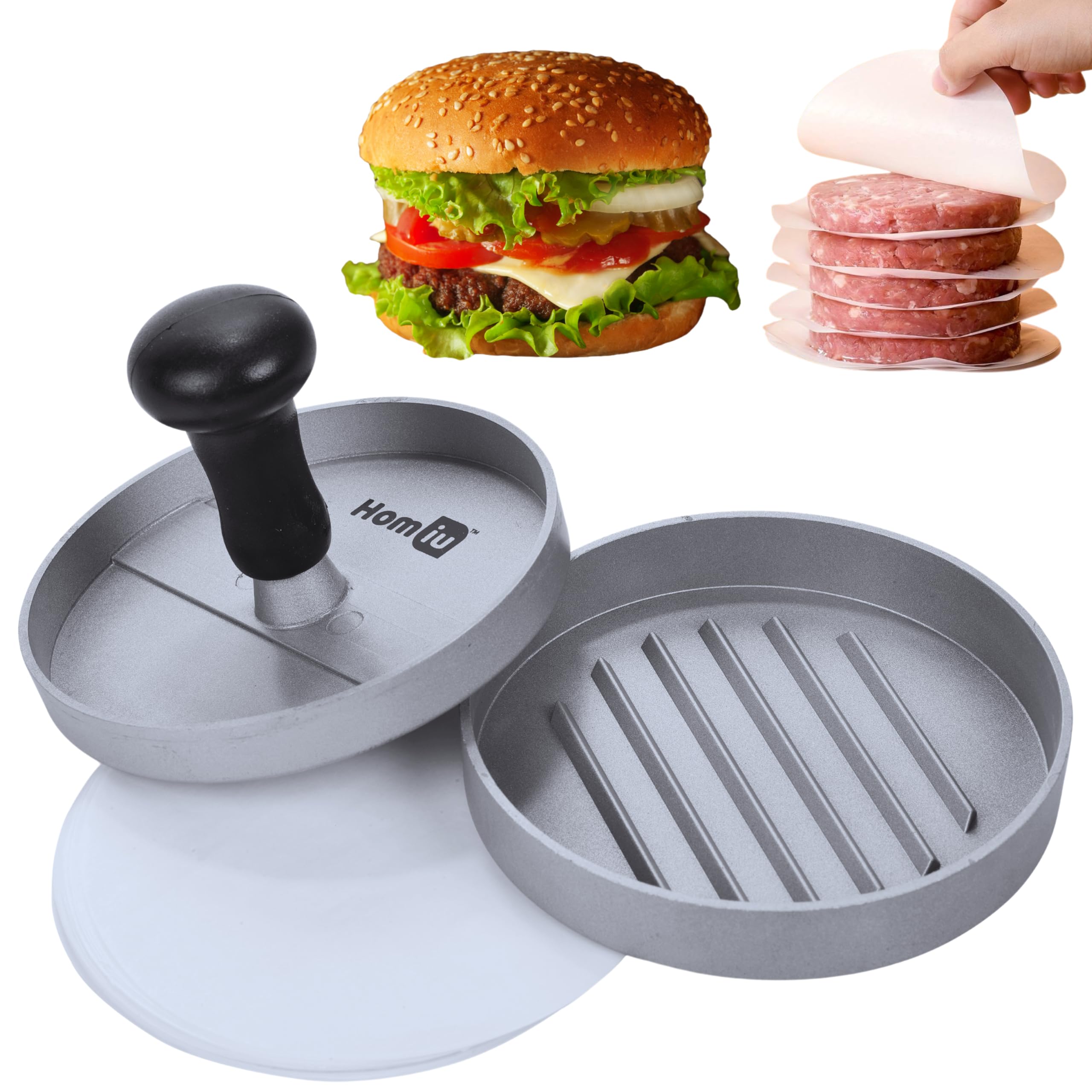 Homiu Stainless Steel Burger Press - Heavy Duty Burger Smasher - Ideal for Flat Top Griddle Grill Cooking - Panini Press Spatula - Cooking Gifts Accessories Kitchen Gadgets