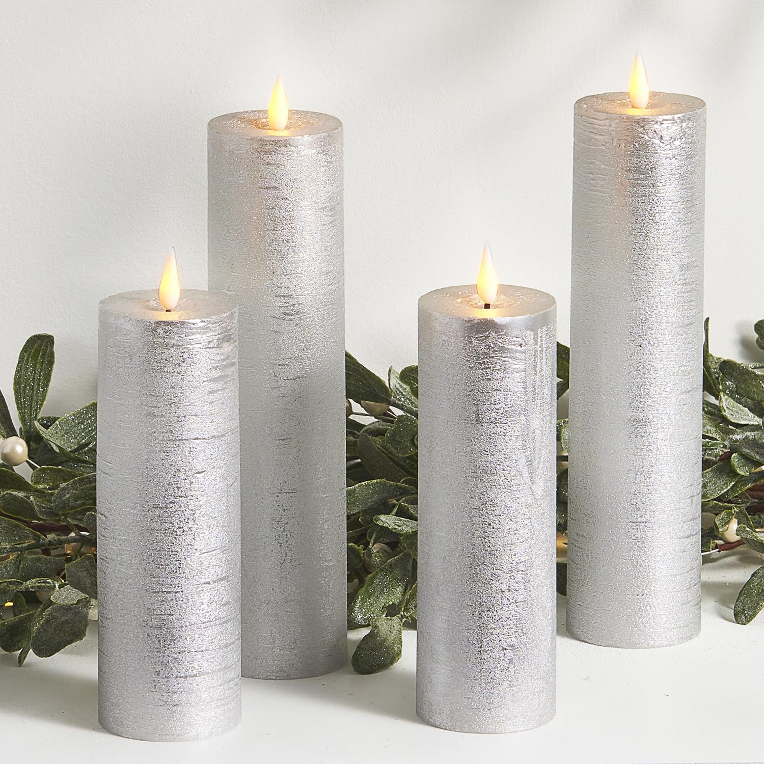 LampLust Flickering Flameless Candles, Set of 4 Silver Pillar Candles, Battery Operated, Romantic Candles, Great for Proposal Decorations, Wedding Centerpieces, Enchanted Forest Decorations Image