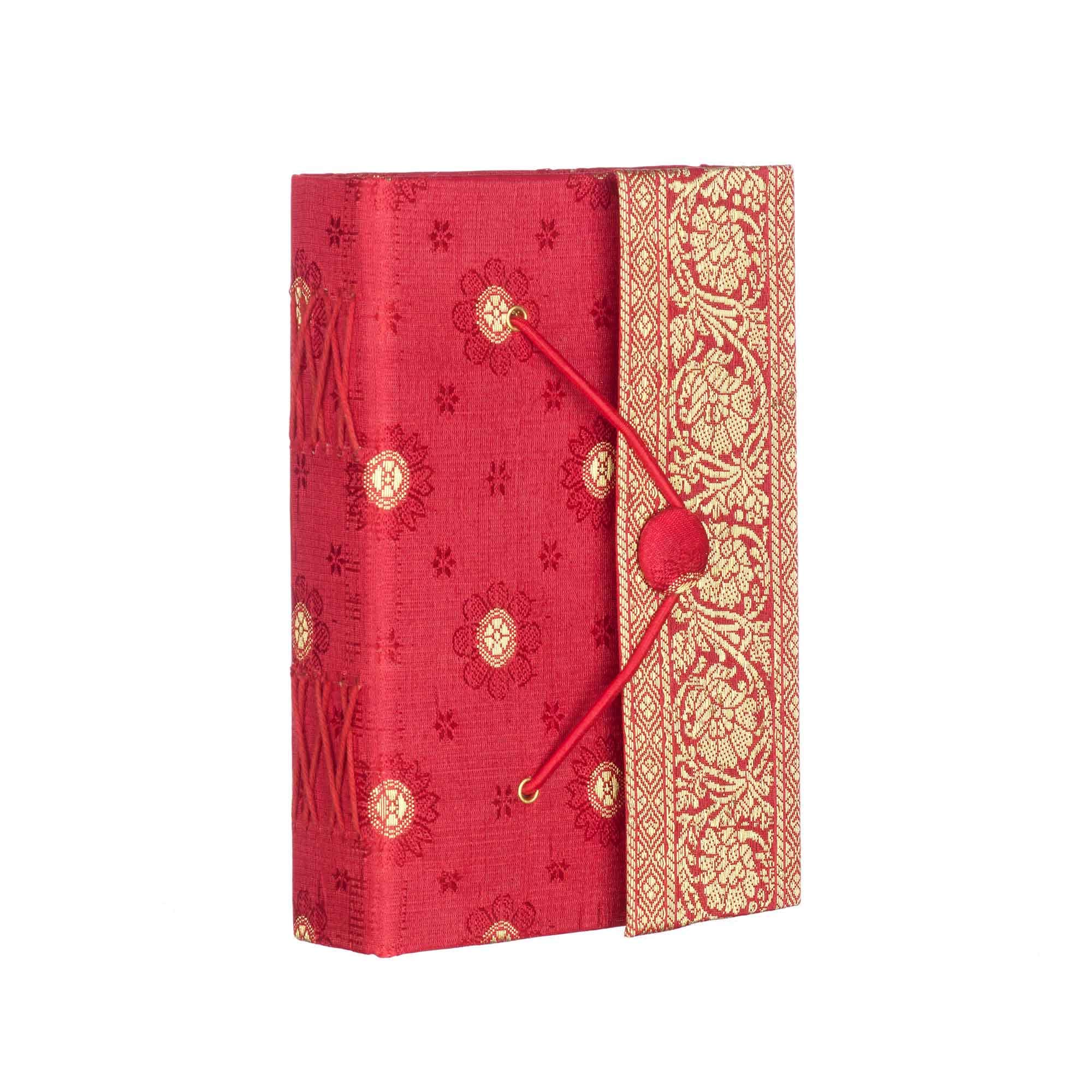 Sari Journal Medium 11cm x 16cm - Red - Unlined Recycled Paper - Elastic Closure - Pocket Notebook and Diary - Indian Stationery Gift - For Men Women Students - Sari Fabric