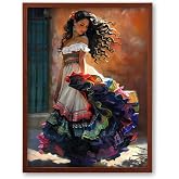 iHery 12x16in Mexican Folklorico Dancer Framed Southwestern Wall Art | Walnut Color OAK Wood Frame with Canvas Print, Colorful Mexican Folk Decor for Bedroom, Living Room and Gallery Wall, 1Pack