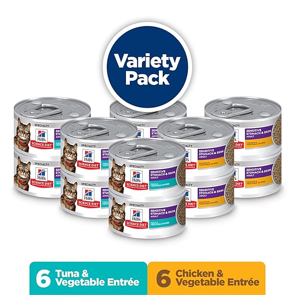 HILL’S SCIENCE DIET ADULT SENSITIVE STOMACH & SKIN WET CAT FOOD VARIETY PACK, TUNA & VEGETABLE, CHICKEN & VEGETABLE, 2.9 OZ. CANS, 12-PACK