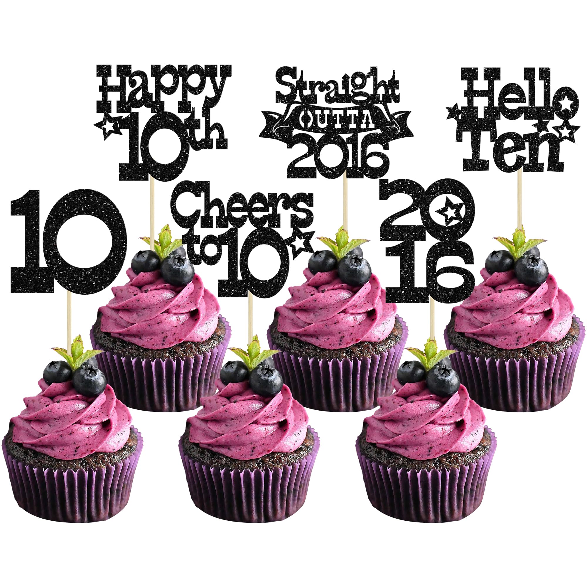 Ephlyn 30Pcs Straight Outta 2016 Cupcake Toppers Glitter Ten Happy 10th Birthday Cupcake Picks Cheers to 10 Years Cake Decorations for 10th Birthday Party Supplies Black