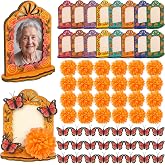 Bucherry 64 Pcs Day of The Dead Picture Frames Dia De Los Muertos Altar Kit | Ofrenda Altar Decorations, 16 Photo Frames, 24 Monarch Butterflies, 24 Marigolds for Dia De Los Muertos Memorial Display