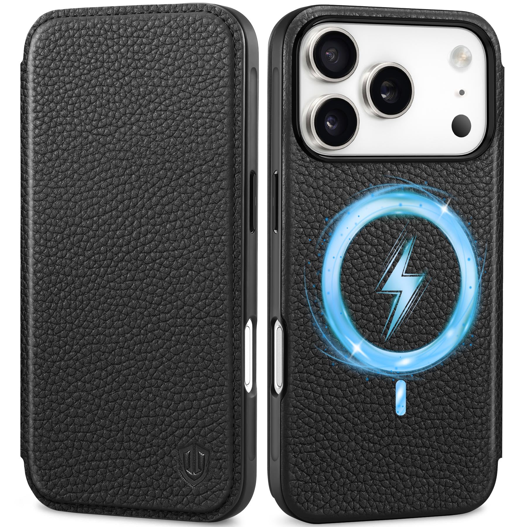 Photo 1 of SHIELDON Genuine Leather Slim Case Wallet for iPhone 17 Pro 6.3" 5G 2025 | Wireless Charging, Folio, Magnetic Closure, RFID Blocking Credit Card Slot, Shock-Absorbent Phone Cover - Pebbled Black