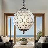 ALOADECOR W12 in. Vintage Mid Century 1-Light Natural Capiz Shells Chandelier in Antique Brass French Country Hanging Globe L