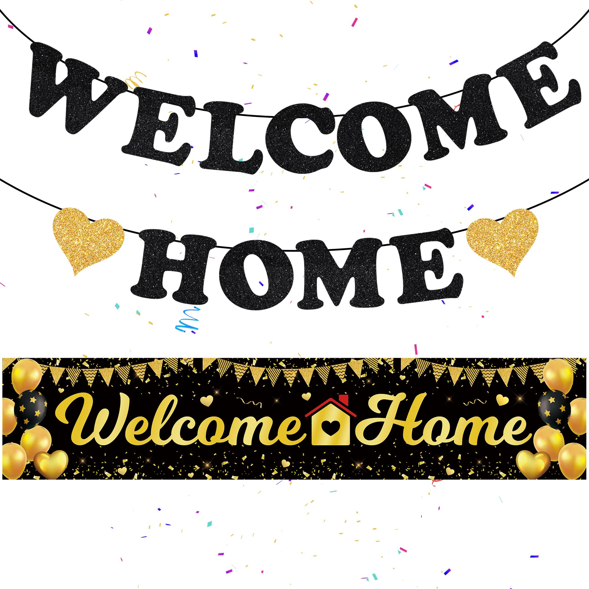 Welcome Home Banners Black Gold - Welcome Back Hanging Backdrop, Military Relatives Returning House Warming Background Decorations, Glitter Letter Banner for Homecoming Family Party Indoor Outdoor