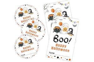 WEMAISON Boo! Happy Halloween Stickers Set - Wizard Hat & Brewing Ghost - 40 Self-Adhesive Labels, Round & Tag Shaped, Each 20 Pcs for Gift Wrapping, Goodie Bag, Party Supplies for Halloween Decoration-B05