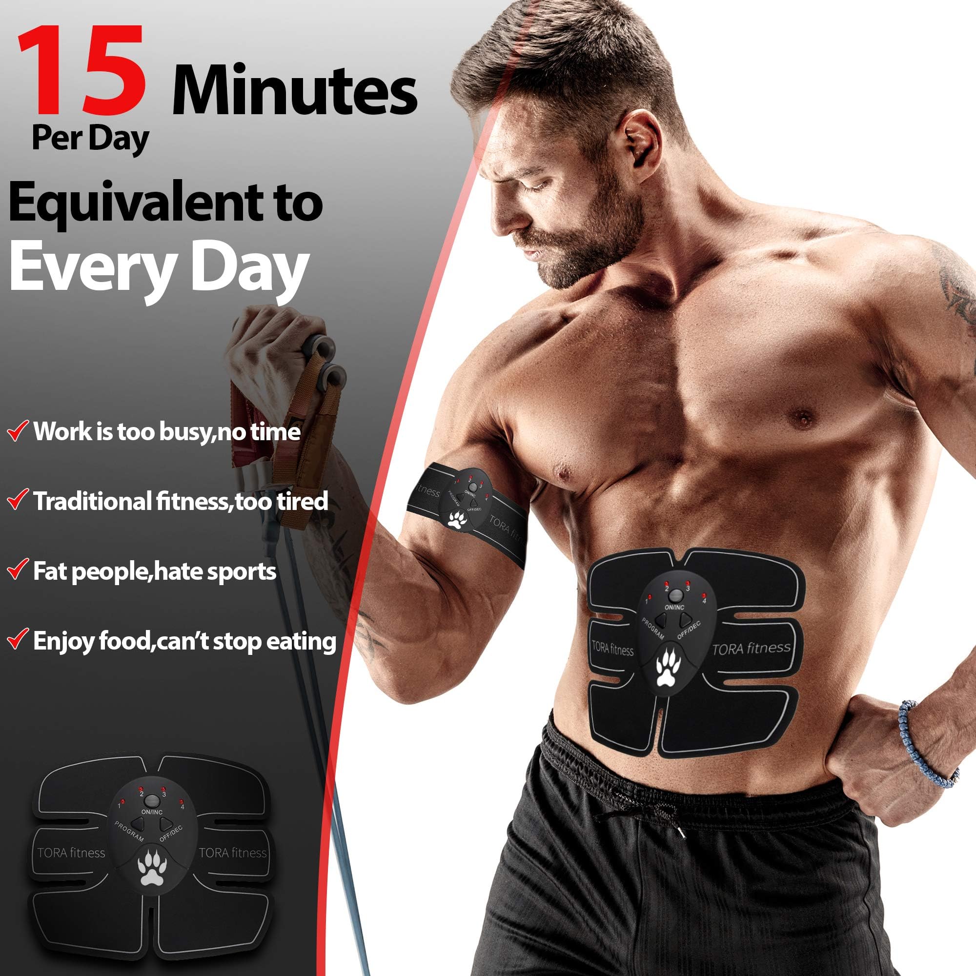 Tora Fitness Muscle Toner - Abdominal Stimulator and Electronic Trainer - Core-Slimming Electrical Stimulation Exerciser - Portable Fitness Equipment - Home Tummy and Body Workout Devices