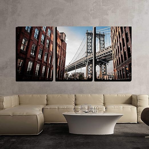 Amazon Com Wall26 3 Piece Canvas Wall Art Manhattan Bridge Seen From A Narrow Alley Enclosed By Two Brick Buildings Modern Home Art Stretched And Framed Ready To Hang