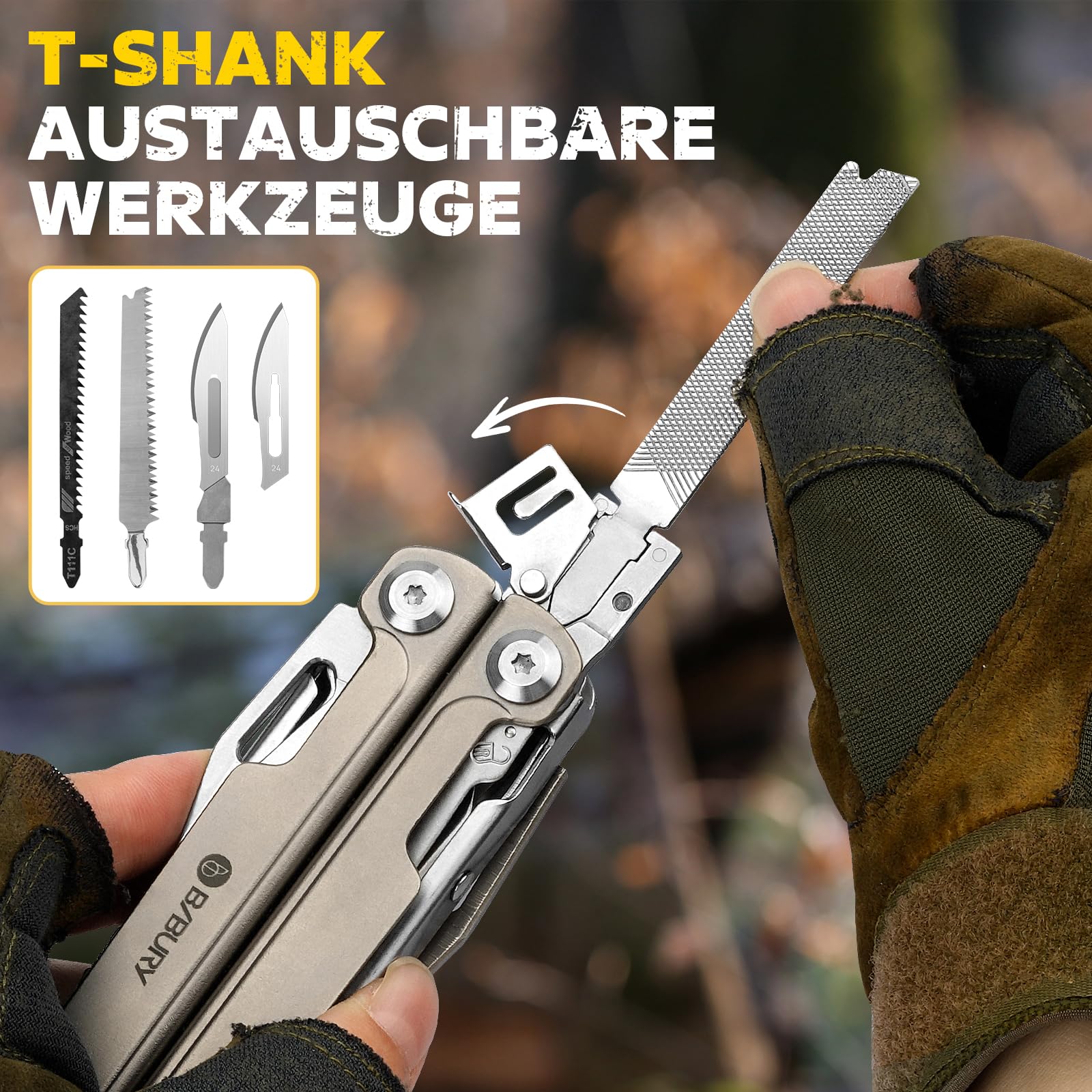 BIBURY Multitool Titan & Damast Messer - Multifunktionswerkzeug mit Zange, Schere, austauschbarer Säge & Bits - Profi EDC Taschenmesser Geschenke für Männer, Reparieren, Camping Zubehör BI2049TI 6
