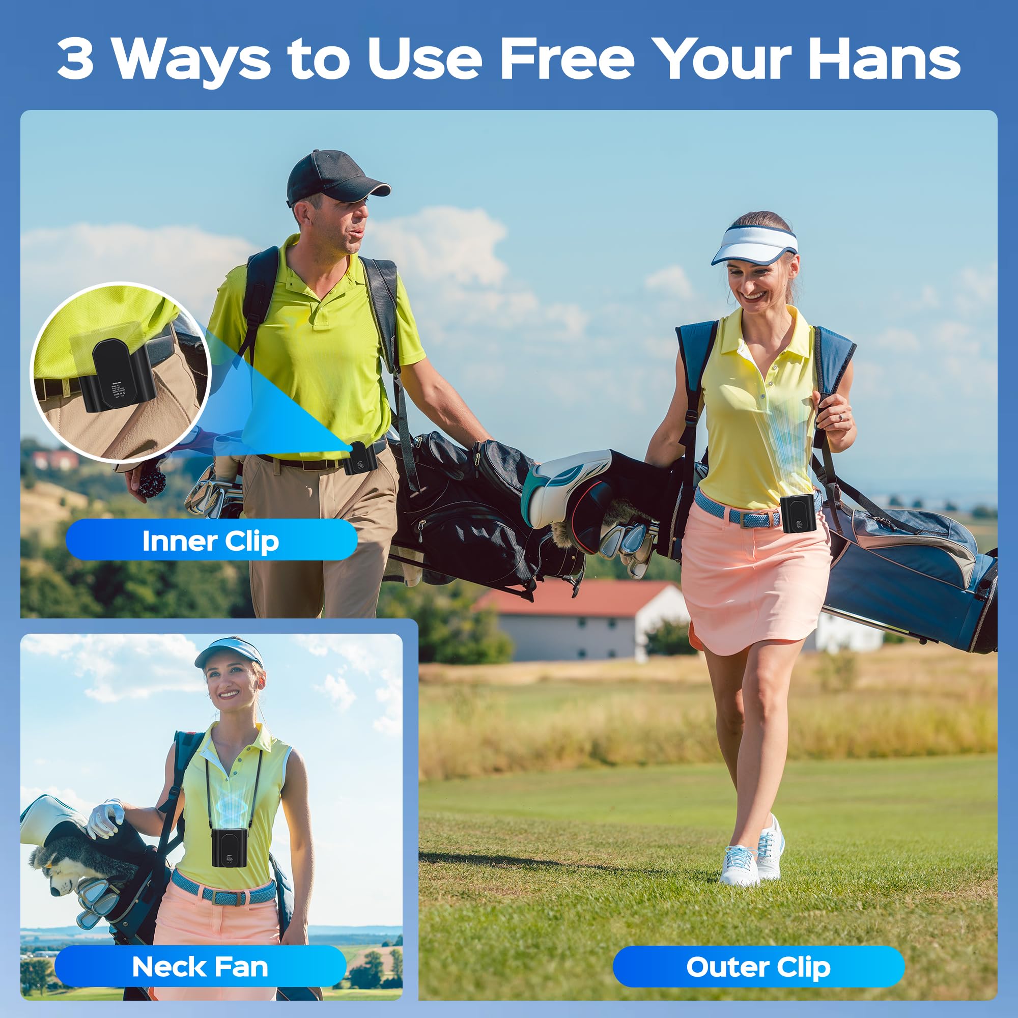 10000PRM Portable Waist Clip Fan Rechargeable Working Up to 20Hrs 3 Speeds Strong Turbo Airflow Personal Belt Neck Fan Clip on Waist for Golf Camping Outdoor Jobsite