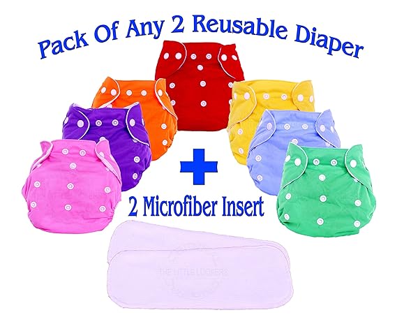 THE LITTLE LOOKERS Premium Quality Adjustable & Reusable Baby Washable Cloth Diaper Nappies with Wet-Free Inserts for Babies/Infants/Toddlers |Age 0 to 2 Years|Pack of 2 (Random Colors)
