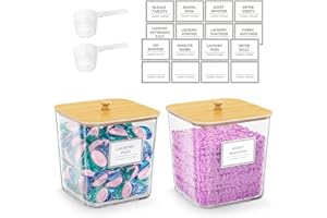 HomePekite 2 Pack Laundry Pods Container,Laundry Room Organization and Storage Containers with Wooden Lids & Labels Large Laundry Detergent Container for Powder,Scent Booster,Pods,Dryer Ball