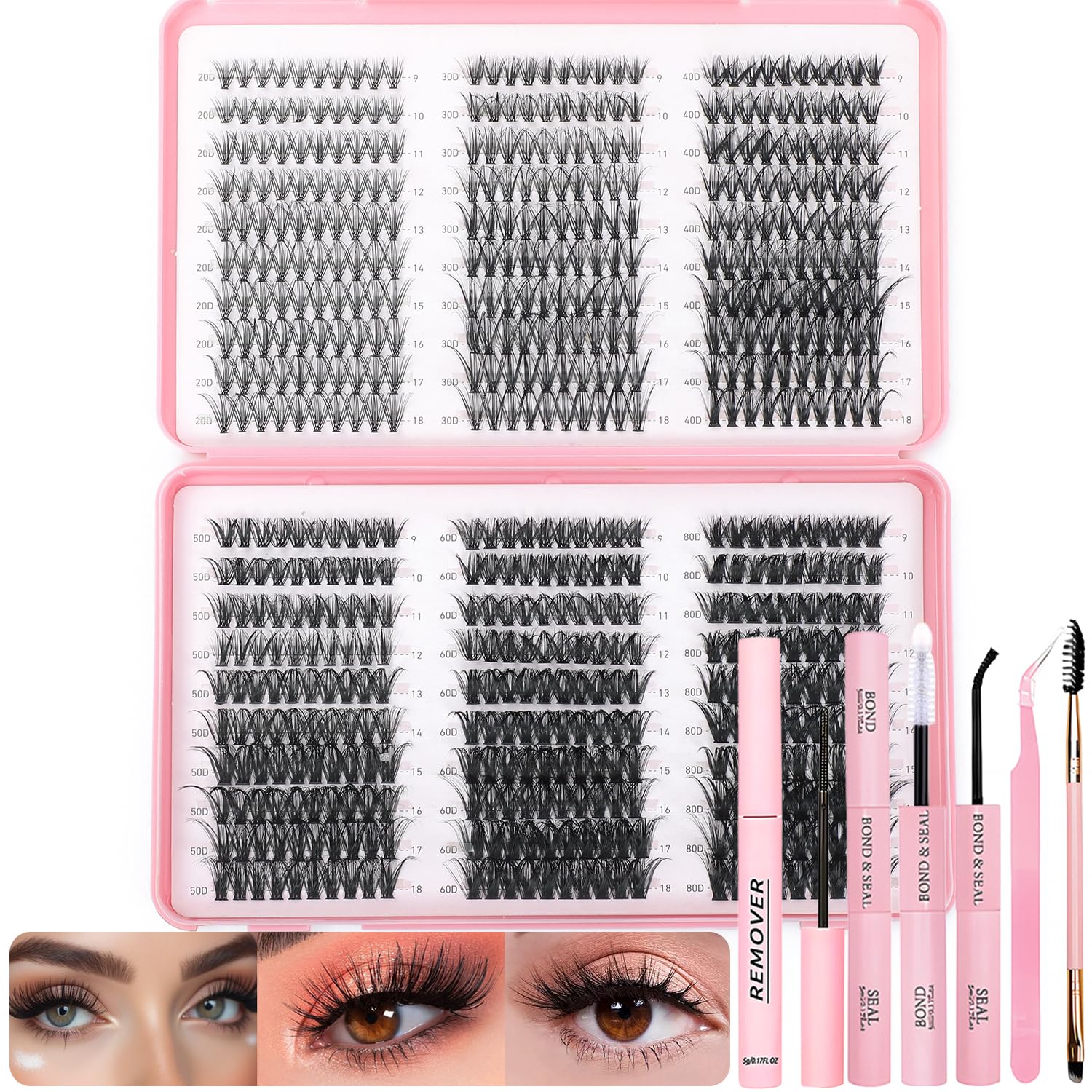Photo 1 of Lash Clusters Kit, 600 Pcs Eyelashes Clusters Extensions Kit 9-18mm Individual Lashes D Curl Fluffy Wispy False Eyelashes, with Bond Seal Remover Tweezers Brush DIY (20D+30D+40D+50D+60D+80D Kit)