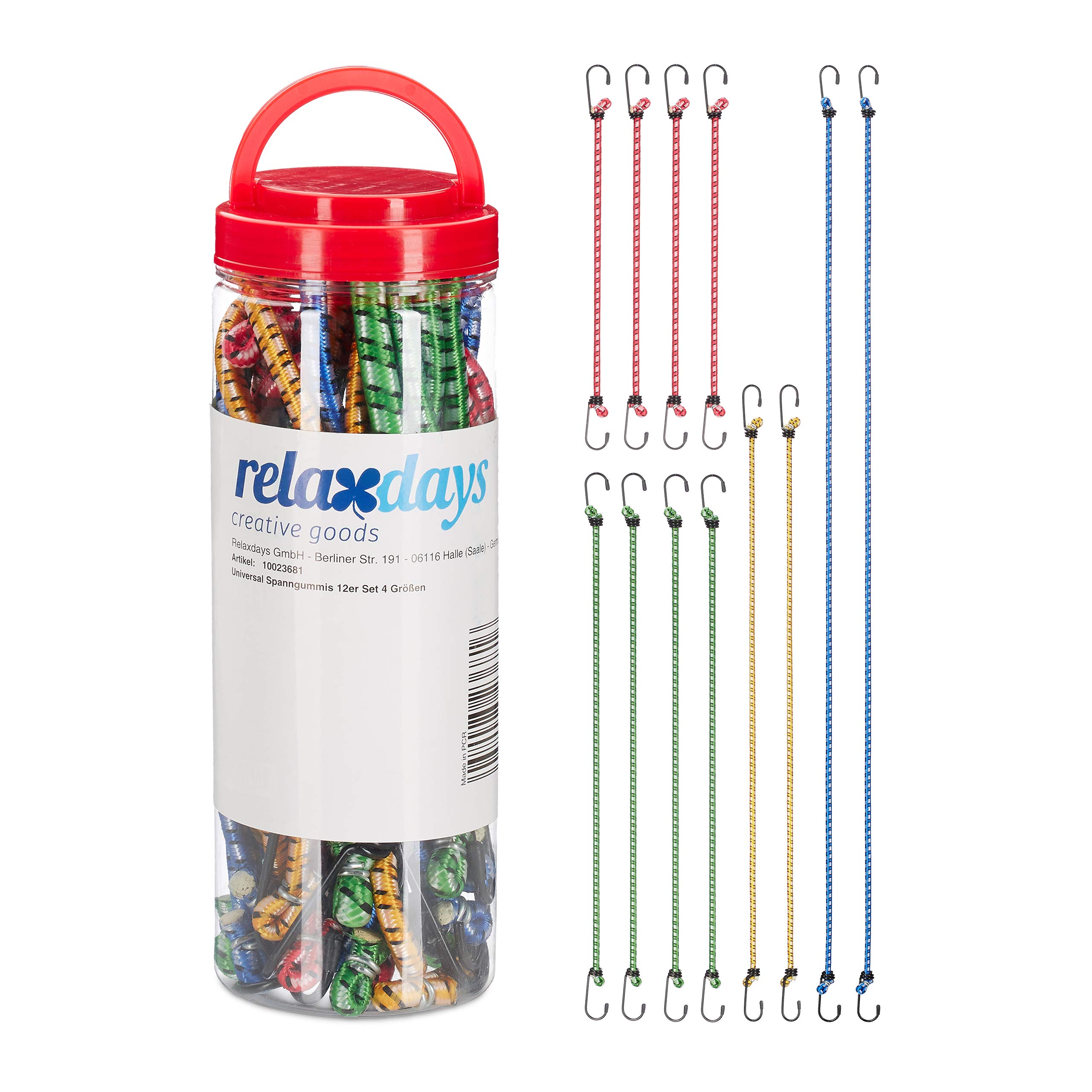 Relaxdays Bungee Cord Set Of 12, Elastic Cords for Car & Bike, Universal Bungee Straps, 35 cm - 1 m, 4 Sizes, Coloured