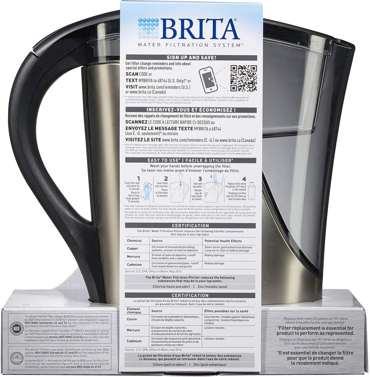 Home Kitchen Stainless Steel Bpa Free Brita Medium 8 Cup Water Filter Pitcher With 1 Standard Filter Kitchen Dining