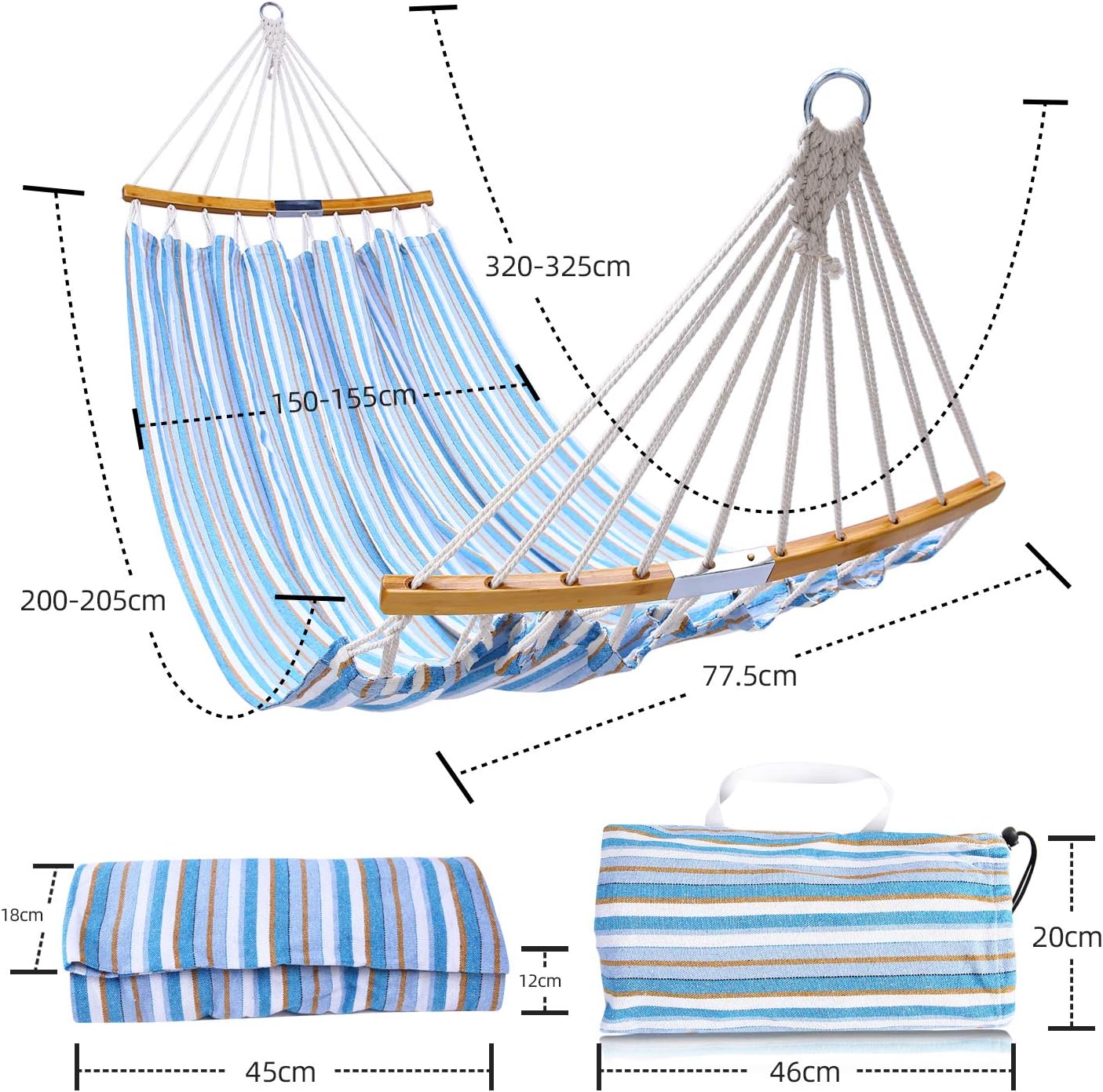 Ohuhu Double Hammock Swing with Tree Straps, Folding Curved-Bar Design 2020 Upgraded Space-Saving Bamboo Hammock with Carrying Bag, Portable Hammock for Patio, Backyard, Camping, Beach, Blue Stripe: Furniture & Decor