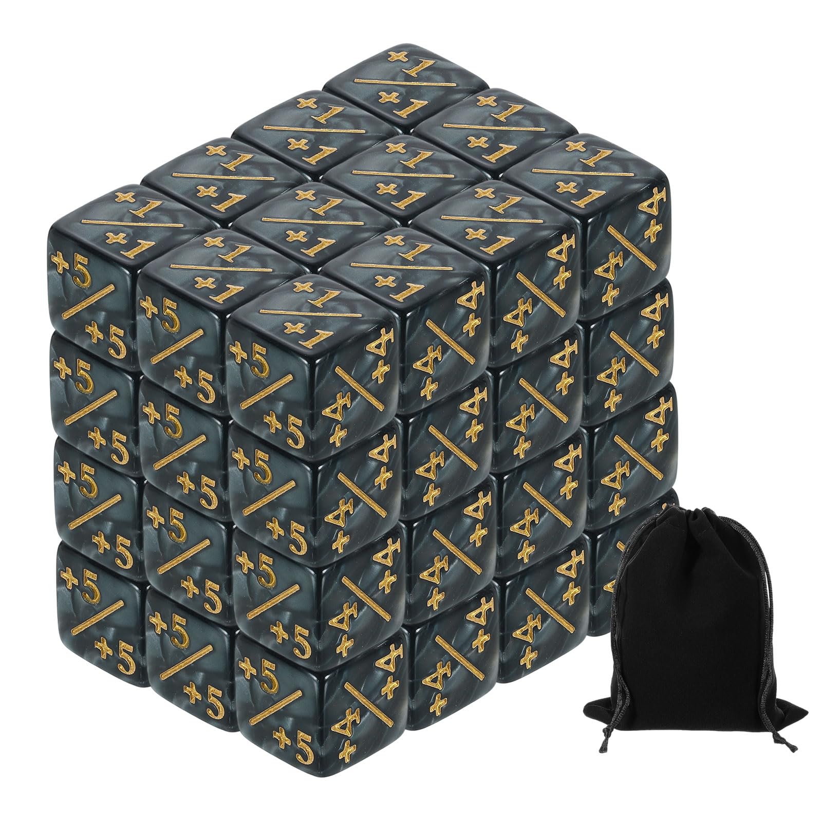 sourcing map 48Pcs Magic Dice Counters, Acrylic D6 Life Token Dice Set with Pouch for Standard Cards Gaming Accessories, Black Marble