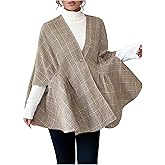 MakeMeChic Women's Plaid Poncho Shawl Wrap Cloak Sleeve Button Cape Coat Jacket
