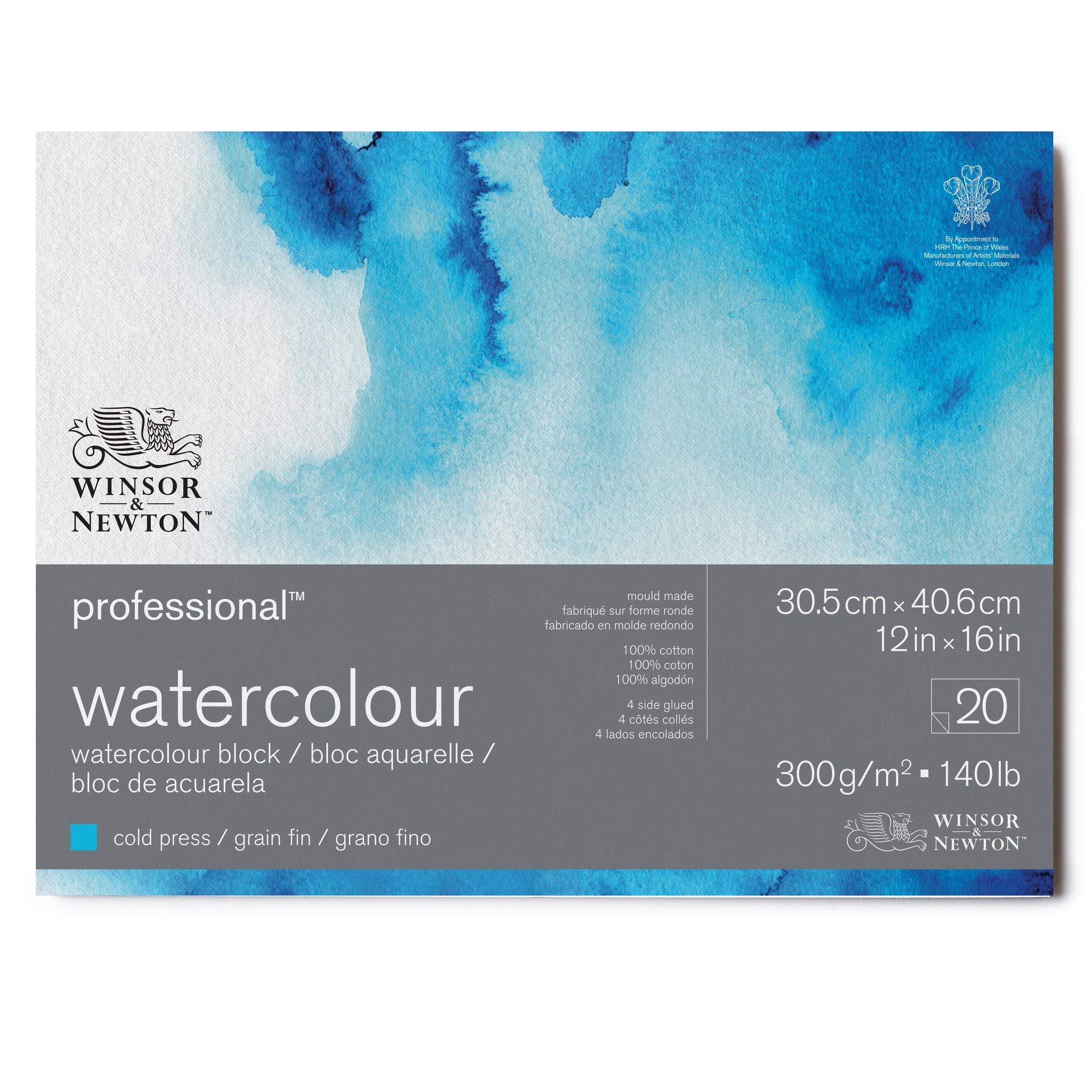 Winsor & Newton Watercolour Paper, 100% Cotton, Bright Natural White, 30,5 x 40,6cm-20 Blatt im Block, 300g/m²