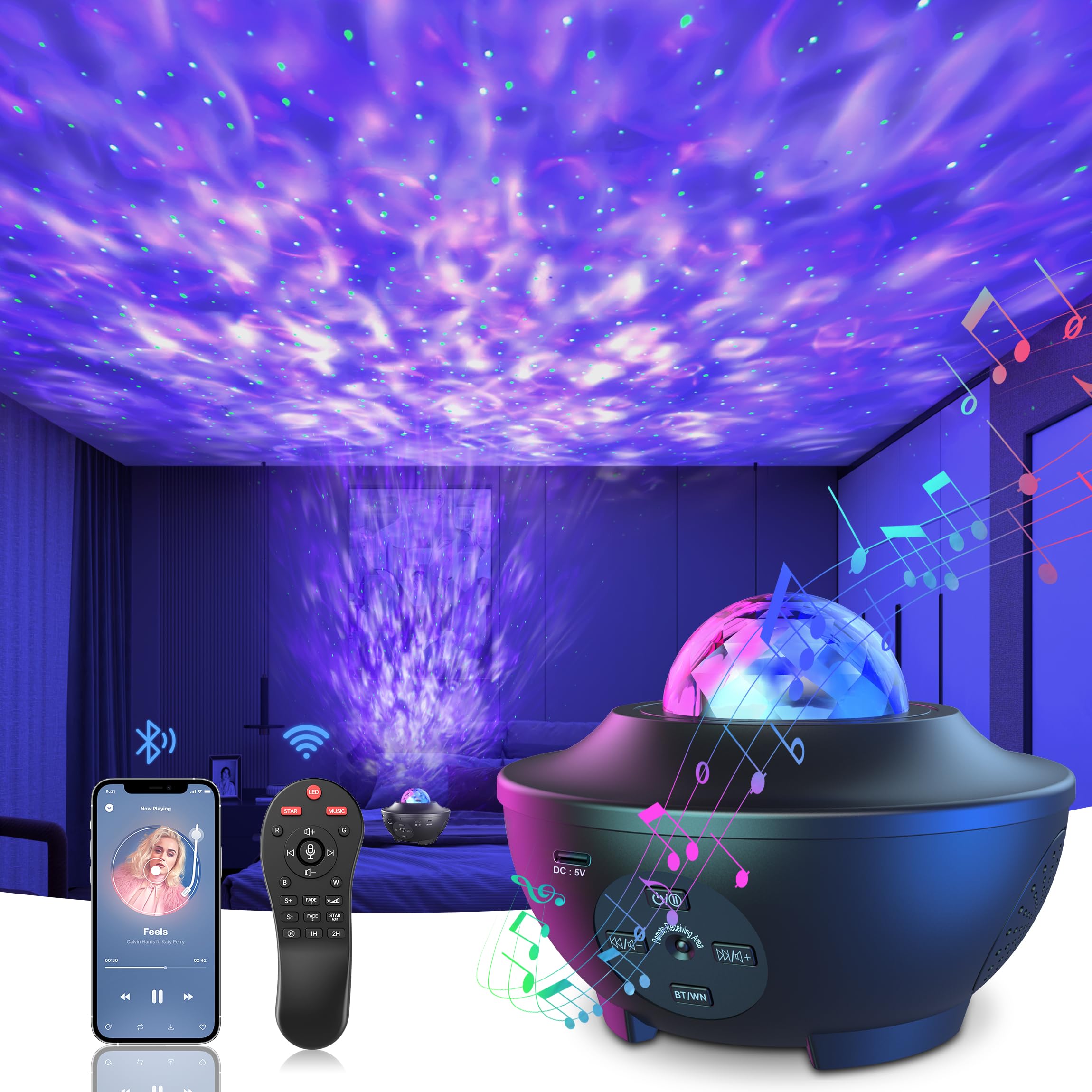 Lysumurl Galaxy Projector, Starry Night Light, LED Color Changing Music Night Light with Remote Control & Timer, Star Projector Lamp for Bedroom Room Decor