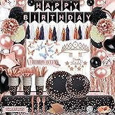 Guudmua 295 Pcs Black And Rose Gold Birthday Decorations, Birthday Decorations for Women or Girl Kit- Disposable Dinnerware Set with 25 Guest, Balloons, Sash, Tiara, Banner, Paper Pom Poms