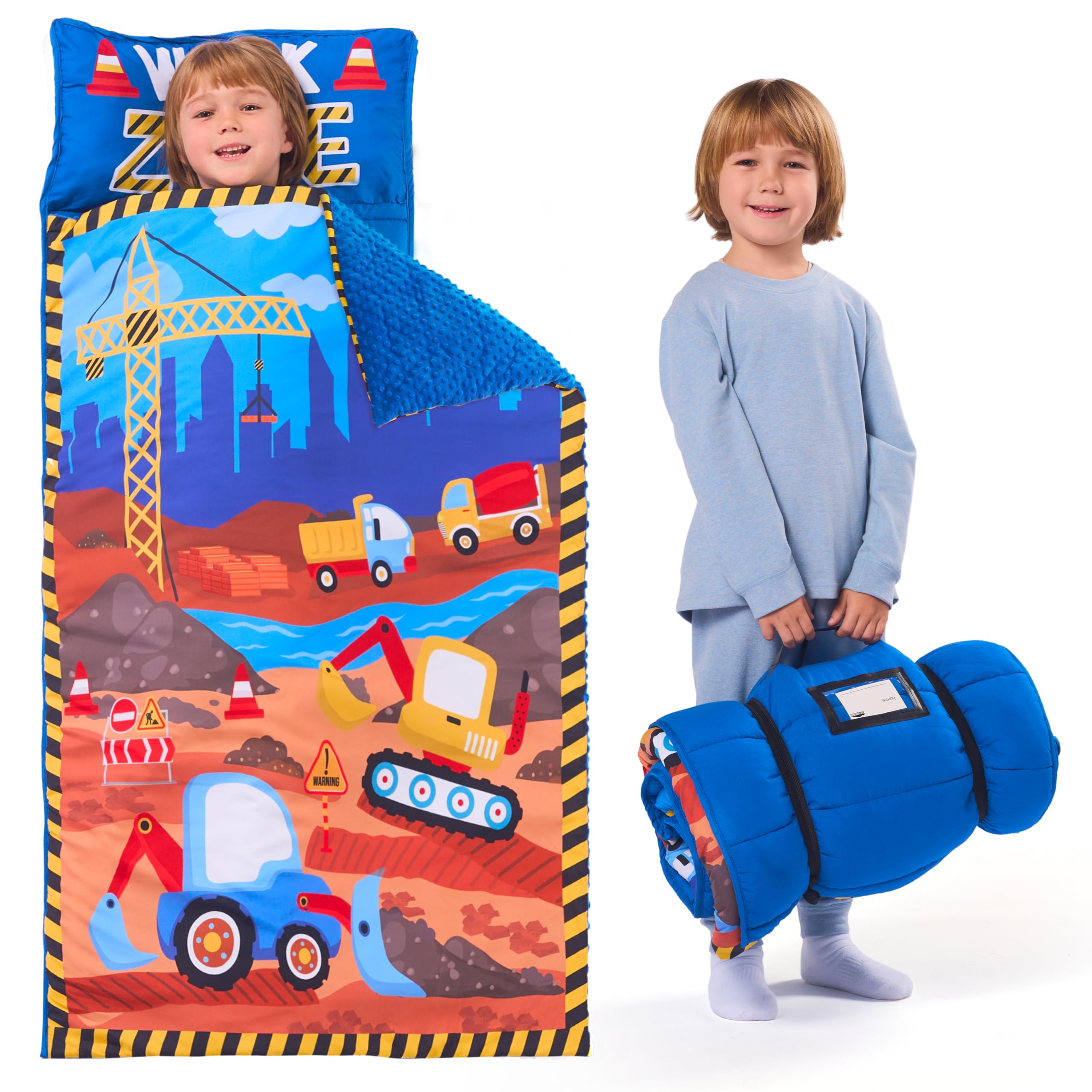 Photo 1 of JOIEDOMI Toddler Nap Mat for Preschool 55''x30'' Sleeping Mat with Removable Pillow and Minky Blanket for Kids Ages 3-7 Roll Up Soft Kids Sleeping Bag Construction Vehicle for Boys Girls Kindergarten