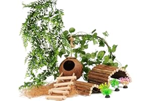COSOC 10PCS Crested Gecko Tank Accessories, Reptile Plants Bridge Vines, Coconut Shell with Ladder for Lizard, Chameleon Cage, Snakes, Hermit Crab, Leopard Gecko Tank Accessories, Terrarium Decor