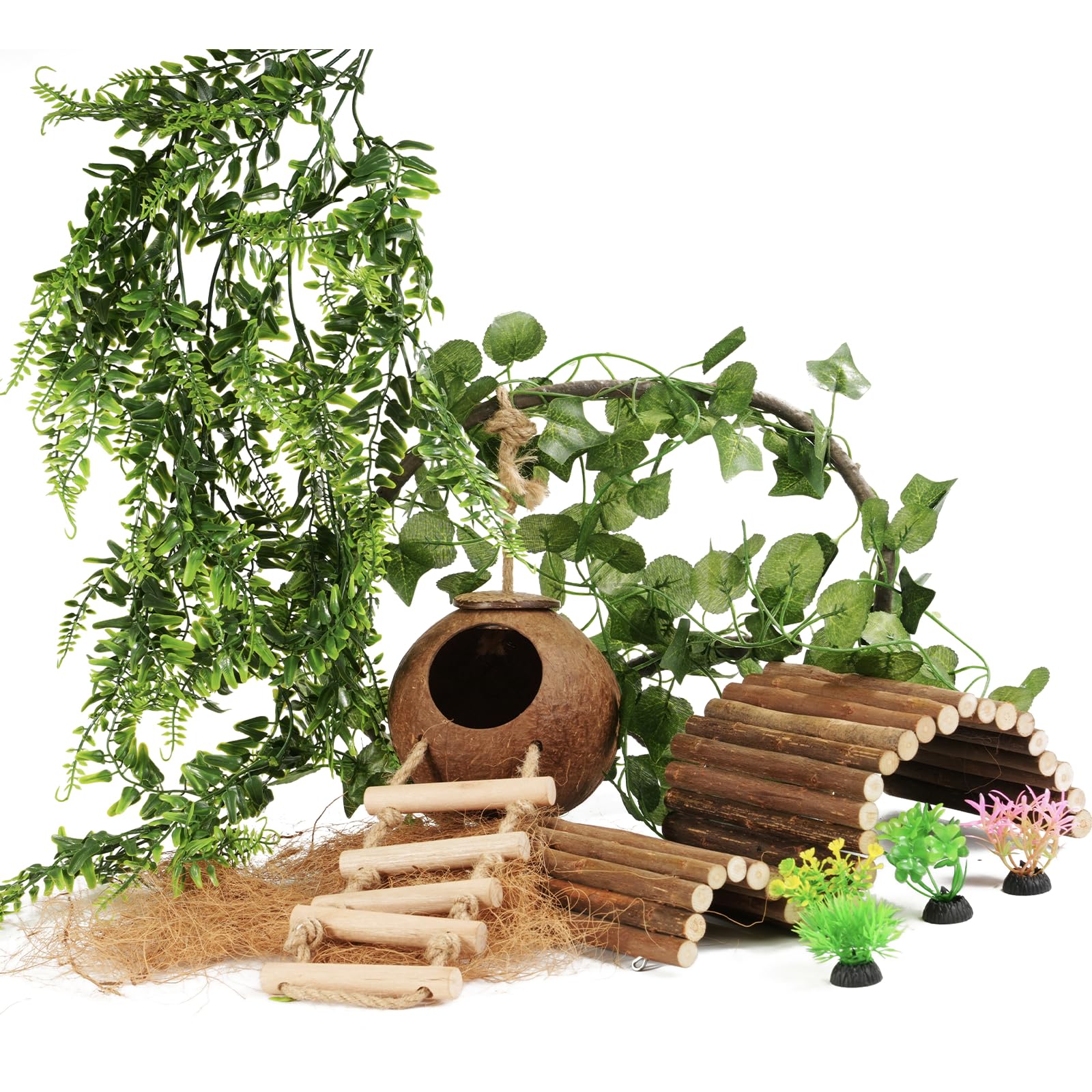 Photo 1 of 10PCS Crested Gecko Tank Accessories, Reptile Plants Bridge Vines, Coconut Shell with Ladder for Lizard, Chameleon Cage, Snakes, Hermit Crab, Leopard Gecko Tank Accessories, Terrarium Decor