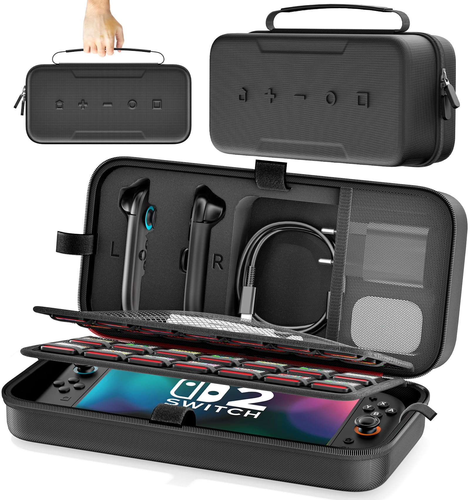 Kytok Switch 2 Tasche kompatibel mit Nintendo 2 2025, große Switch 2 Hülle für 28 Spielkarten, Switch 2 Reisetasche für Switch Zubehörsets, Switch 2 Case Schwarz