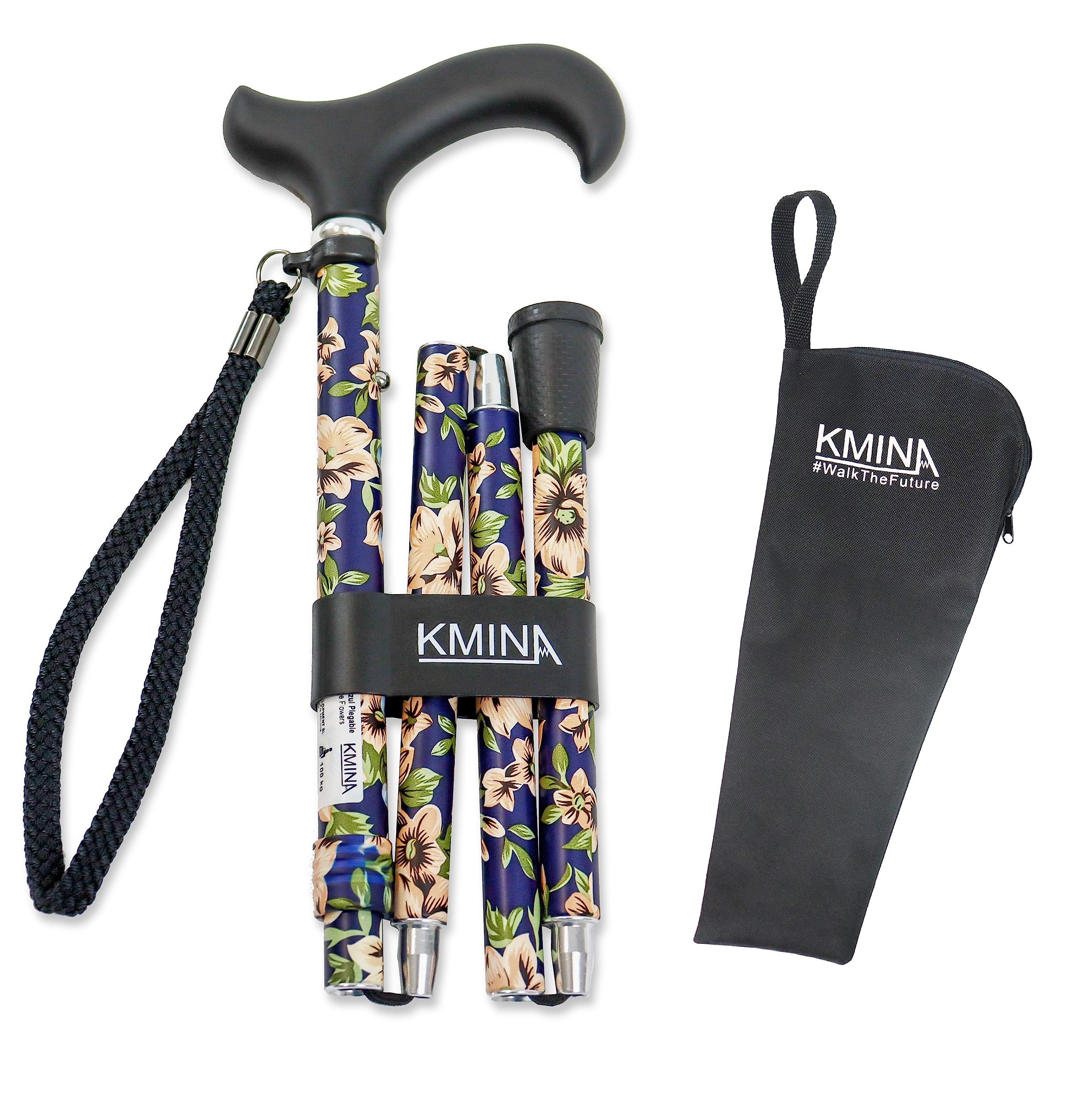 KMINA Folding Walking Sticks for Women and Men, Soft Grip, Adjustable Height, Lightweight, Aluminium, Blue Floral - KMINA PRO